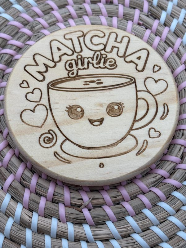 Wooden Coaster - Matcha Girlie - 10cm Round Design - Laser engraved