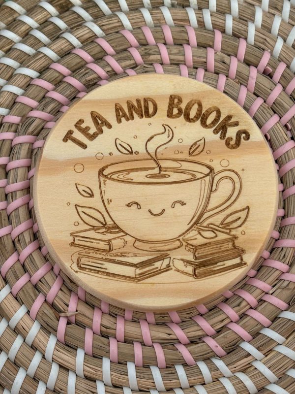 Wooden Coaster - Tea and Books- 10cm Round design handmade