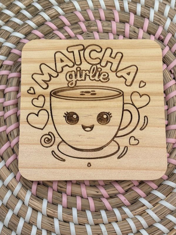 Wooden Coaster - Matcha Girlie - 10cm Square Design - Handmade