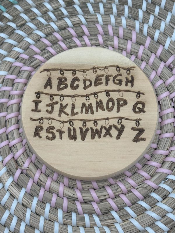 Wooden Coaster - Alphabet and Lights - 10cm Round design handmade