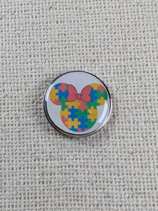 Female Mouse Ears Pin Puzzle Pieces – Autism Awareness Pin – Large Resin Topped Pin Badge