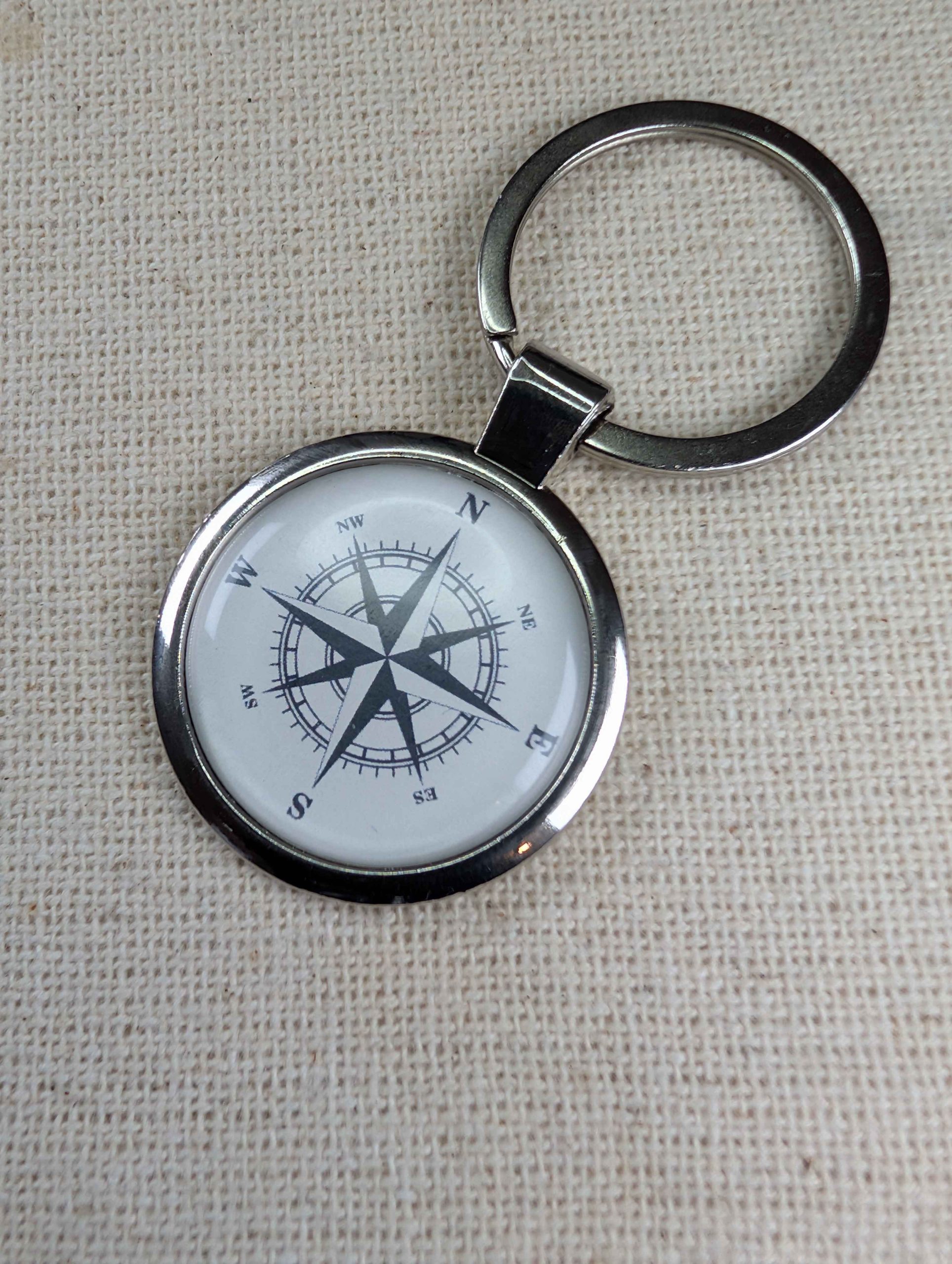 Black & White Compass Keychain - Travel Themed - Large Resin Finished Keyring