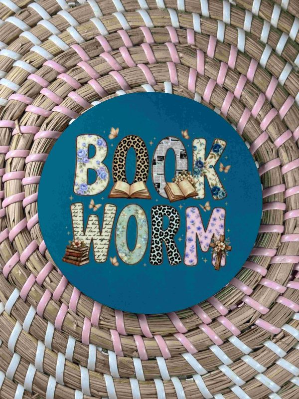 Book Worm – Book Lover Gift – Reading Themed Wooden Coaster – Handmade – Circle