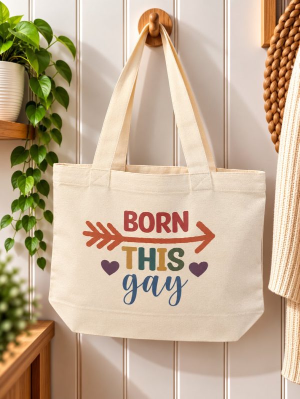 Born This Gay Tote Bag – LGBTQ+ Pride Canvas Shopper – Colourful Zipped Everyday Bag – Handmade