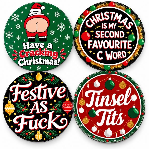 4 x Christmas - Funny Adult Wooden Coaster Set - Handmade - Circle