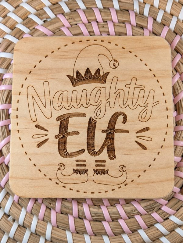 Naughty Elf Christmas Wooden Coaster - Engraved Design - Handmade - Square