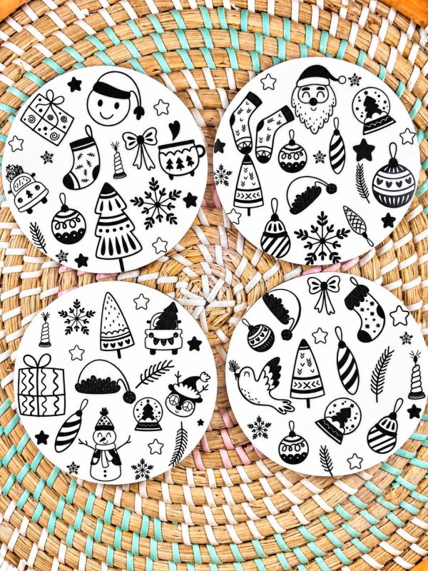 Christmas Coaster Set - 4 Festive Black & White Designs - Handmade Wooden Coasters - Circle