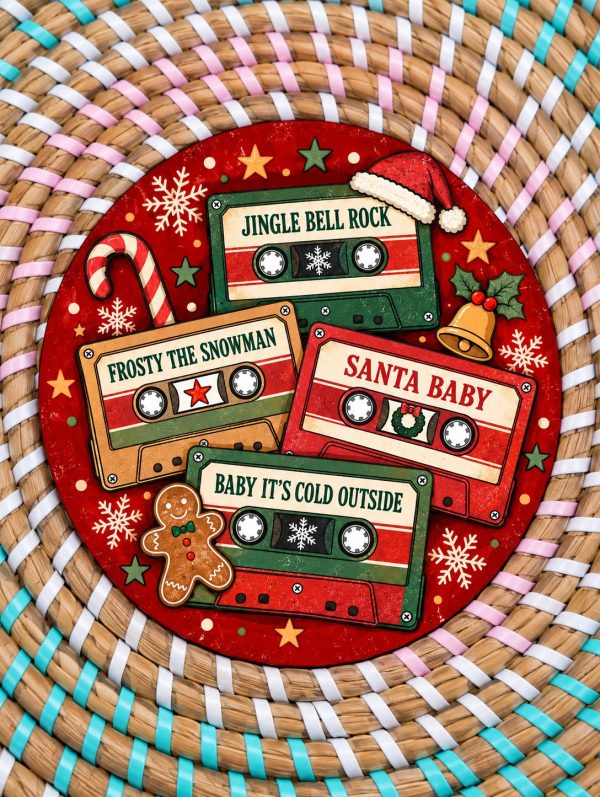 Retro Christmas Cassette Wooden Coaster - Festive Gift - Handmade - Circle