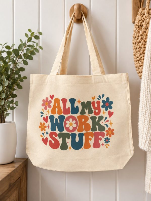 All My Work Stuff Tote Bag – Retro Floral Design – Zipped Work Bag – Handmade