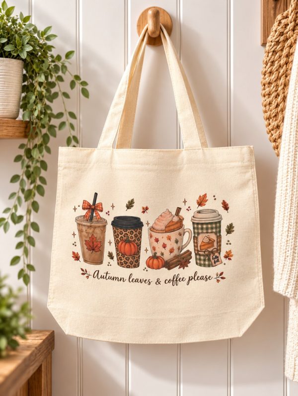 Autumn Leaves & Coffee Please Tote Bag – Autumn Coffee Lover Design – Zipped Canvas Bag – Handmade