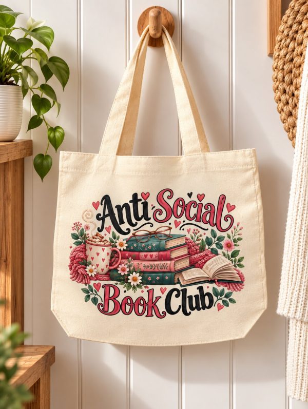Anti Social Book Club Tote Bag – Book Lover Gift – Zipped Canvas Bag – Handmade