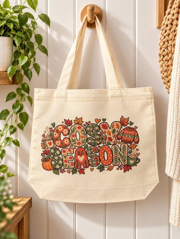 Cosy Season Tote Bag – Autumn Themed Canvas Bag – Zipped Shopper – Handmade
