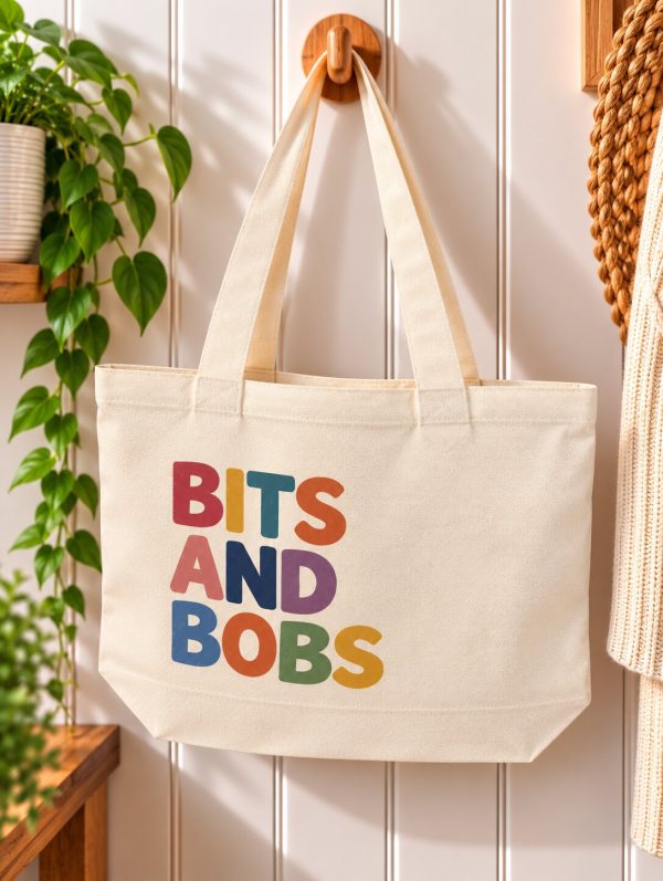 Bits and Bobs Tote Bag – Colourful Retro Canvas Shopper – Zipped Everyday Bag – Handmade