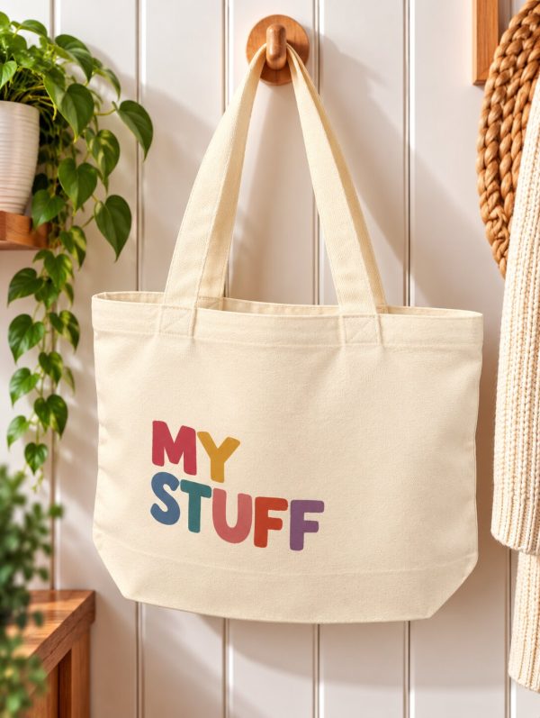 My Stuff Tote Bag – Colourful Retro Canvas Shopper – Zipped Everyday Bag – Handmade