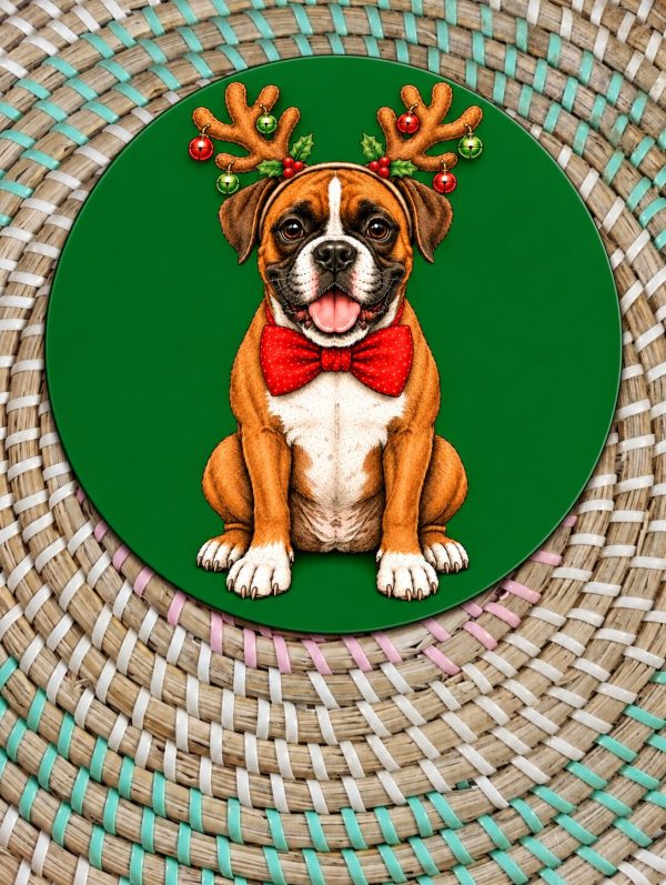 Christmas Boxer Dog Wooden Coaster - Festive Reindeer Dog Design - Handmade - Circle