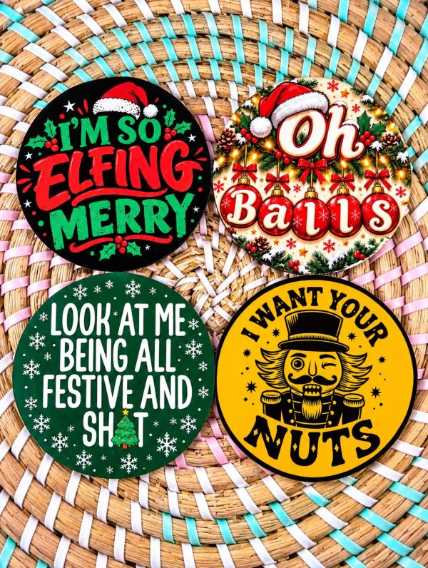 Funny Christmas Wooden Coaster Set – 4 Cheeky Adult Humour Designs – Handmade