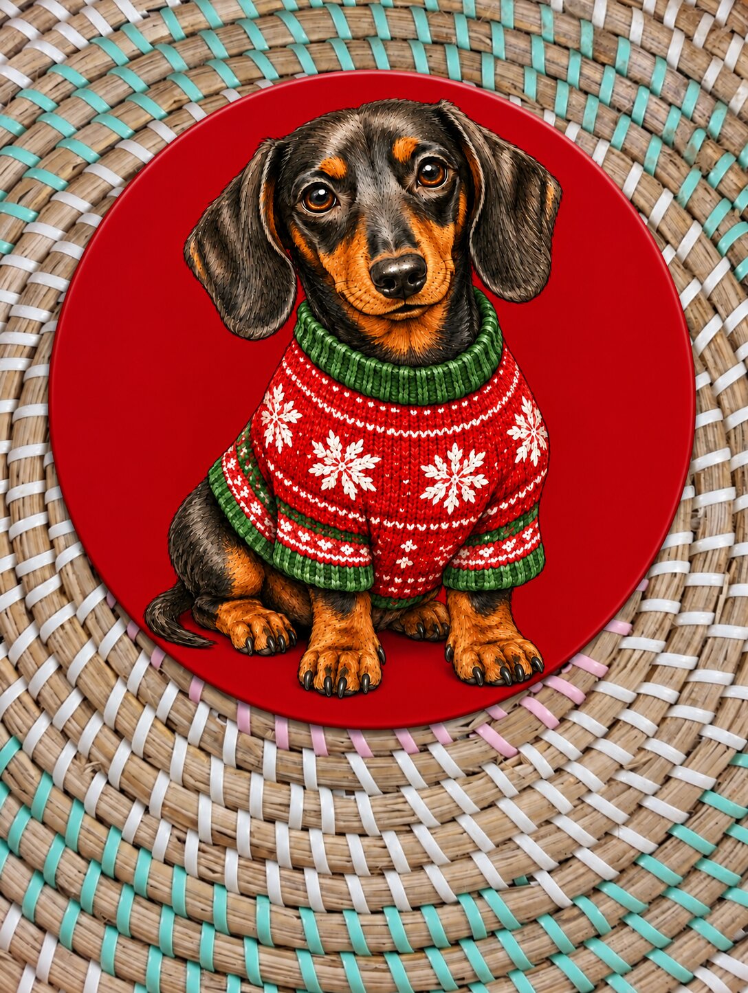 Christmas Dachshund Wooden Coaster - Festive Sausage Dog in Christmas Jumper - Circle