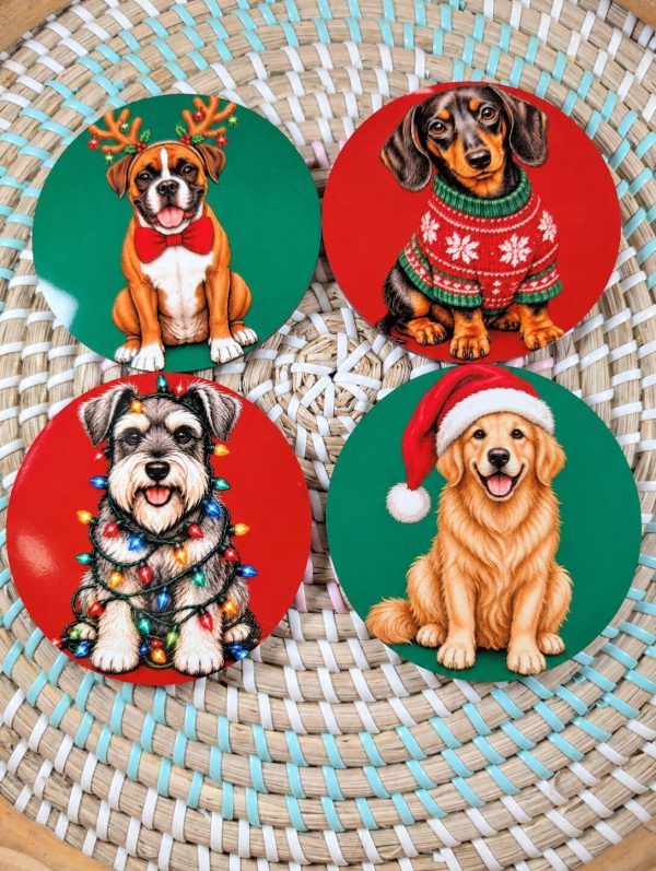Christmas Dog Wooden Coaster Set - 4 Festive Dog Designs - Handmade - Circle