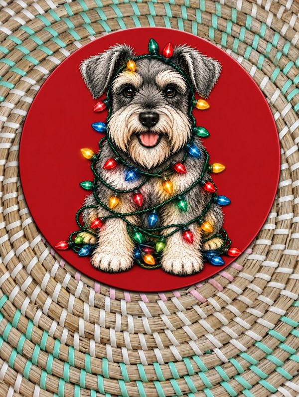 Christmas Schnauzer Wooden Coaster - Festive Dog with Christmas Lights - Handmade - Circle