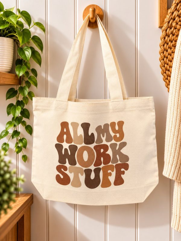 All My Work Stuff Tote Bag – Retro Style Work Bag – Zipped Canvas Shopper – Handmade