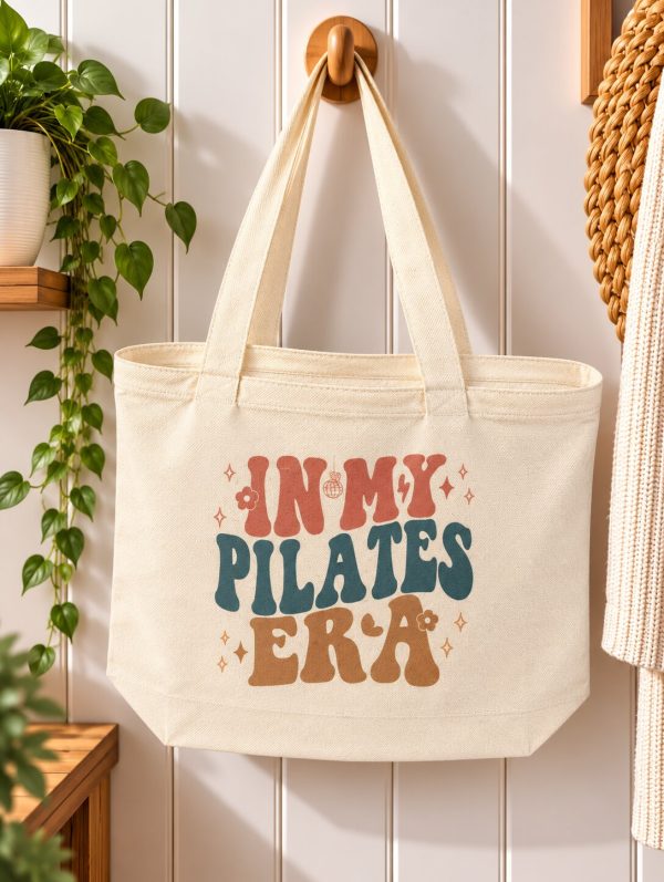 In My Pilates Era Tote Bag – Retro Pilates Themed Canvas Bag – Zipped Shopper – Handmade