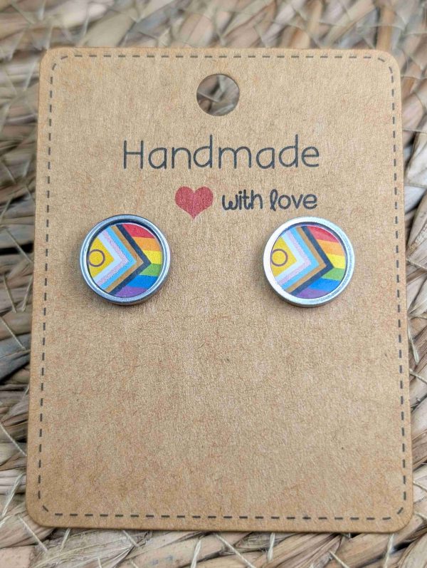 Progress Pride Flag Stud Earrings - Handmade - 12mm Resin Earrings - LGBTQ+ Silver Coloured