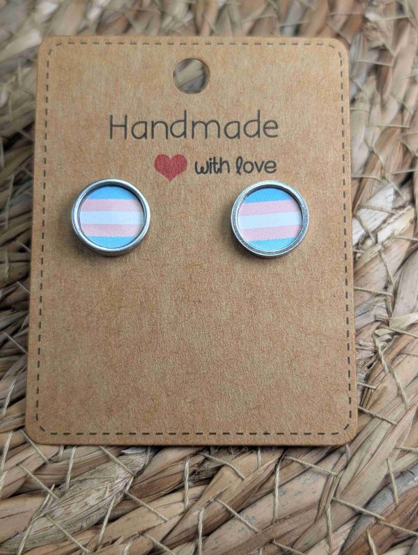 Transgender Flag Stud Earrings – Handmade LGBTQ+ Pride Jewellery – 12mm Resin Earrings Silver Coloured