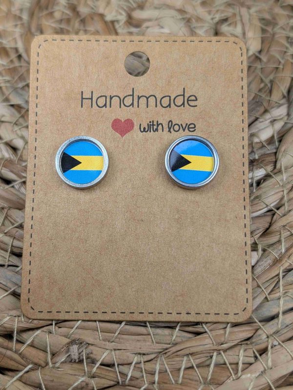 The Bahamas Flag Stud Earrings - Handmade – Gold or Silver Colour - 12mm resin Silver Colour