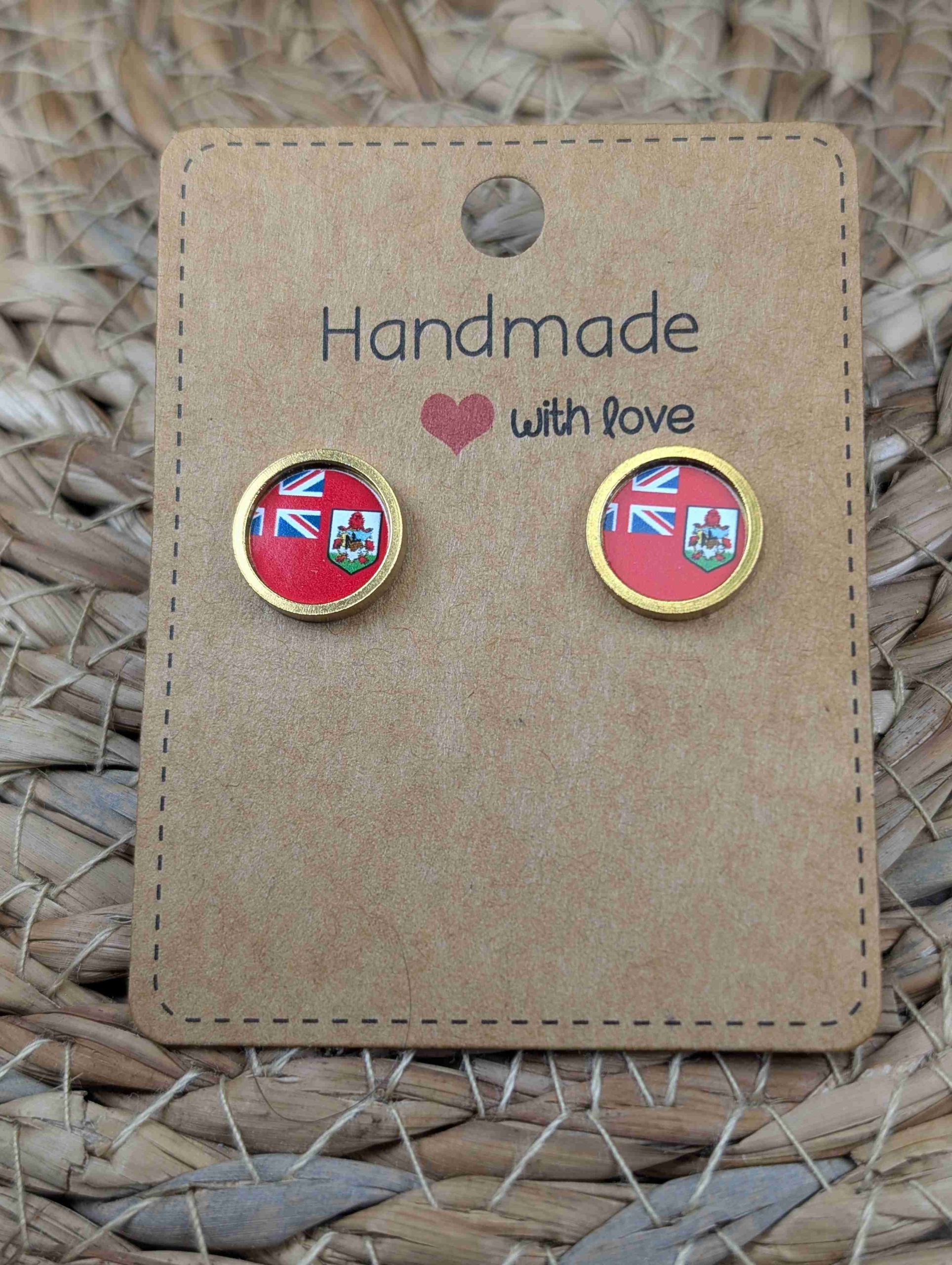 Bermuda Flag Stud Earrings - Handmade – Gold or Silver Colour - 12mm resin Gold colour