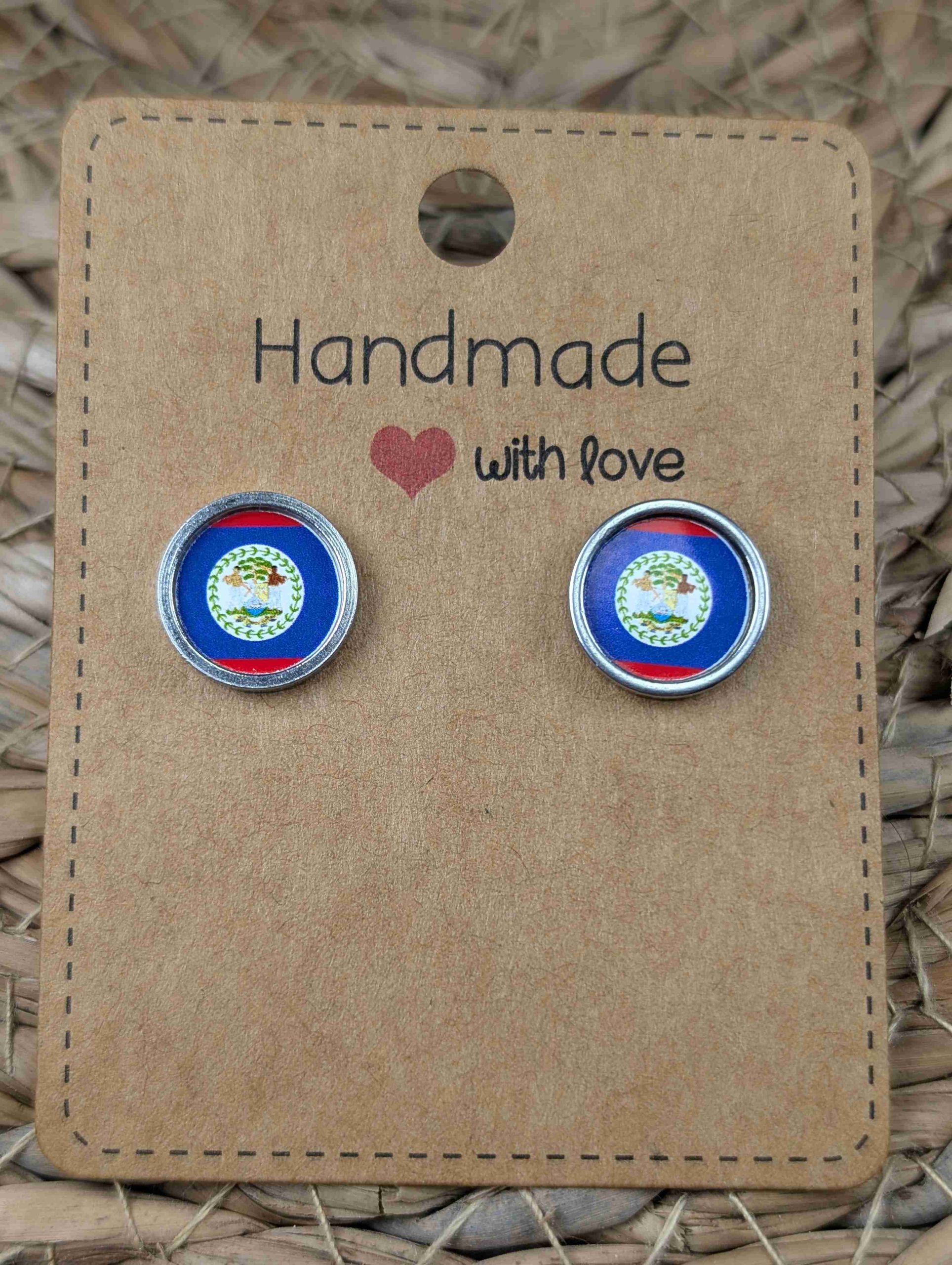 Belize Flag Stud Earrings - Handmade – Gold or Silver Colour - 12mm resin Silver Colour