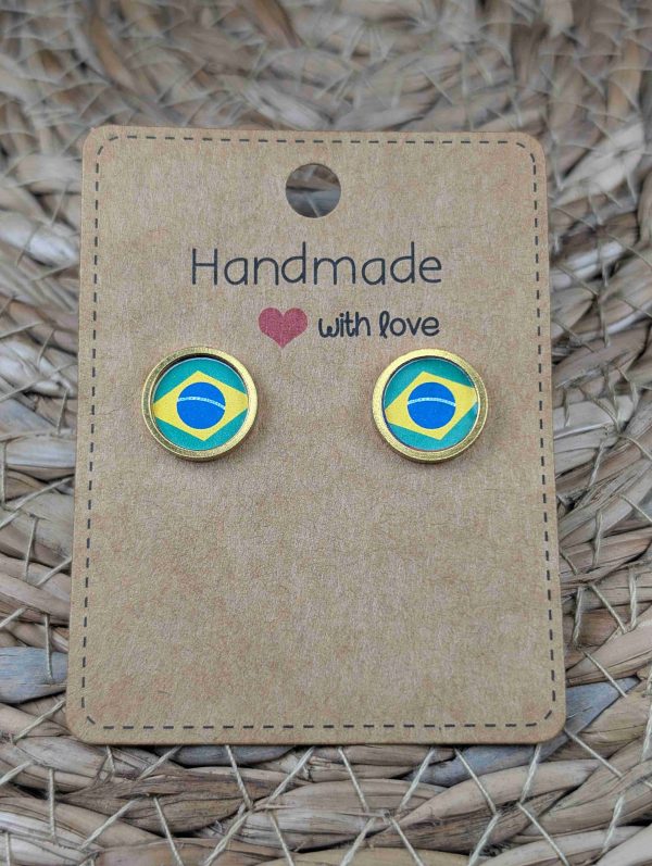 Brazil Flag Stud Earrings - Handmade – Gold or Silver Colour - 12mm resin Gold colour