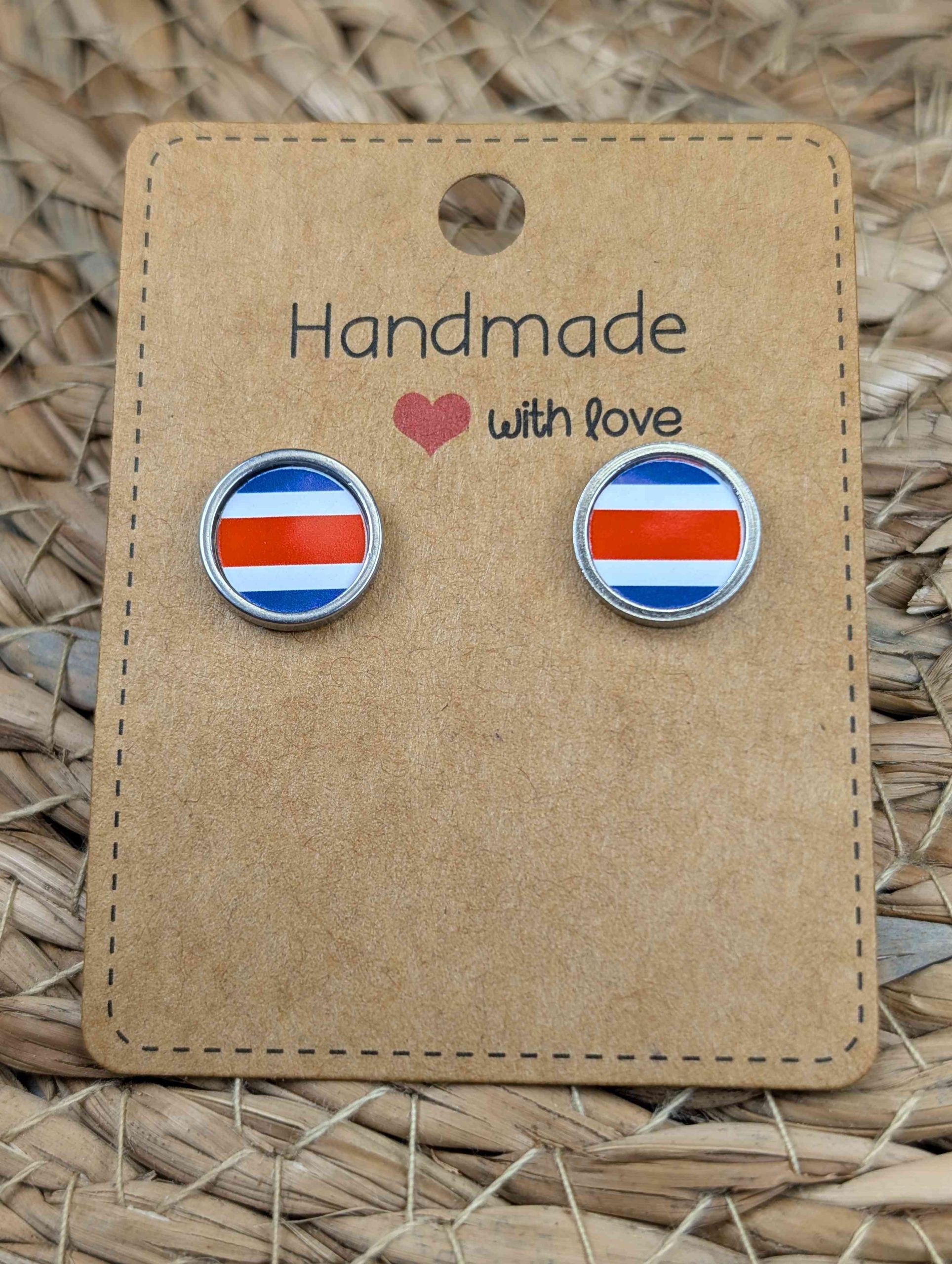 Costa Rica Flag Stud Earrings - Handmade – Gold or Silver Colour - 12mm resin Silver Colour