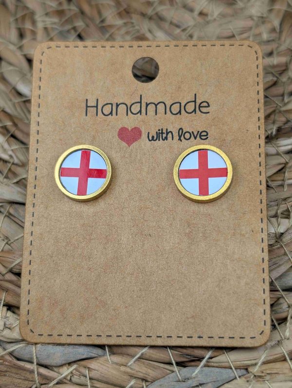England Flag Stud Earrings - Handmade – Gold or Silver Colour - 12mm resin Gold Colour