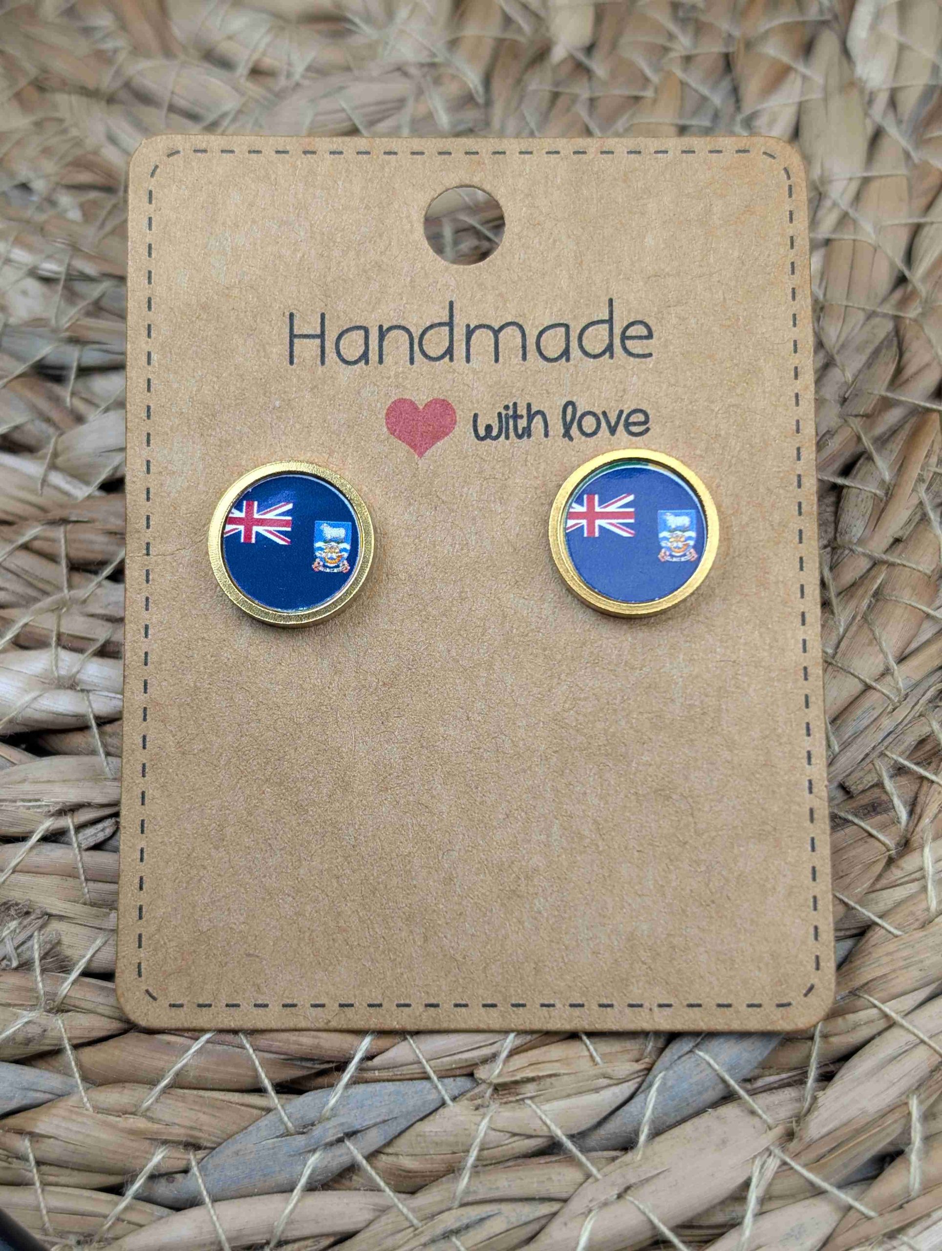 Falkland Islands Flag Stud Earrings - Handmade – Gold or Silver Colour - 12mm resin Gold Colour