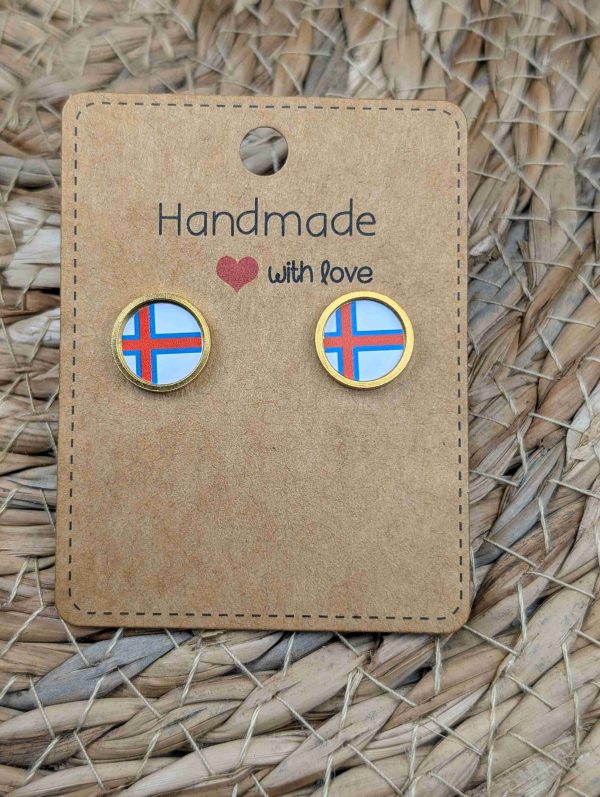 Faroe Islands Flag Stud Earrings - Handmade – Gold or Silver Colour - 12mm resin Gold Colour