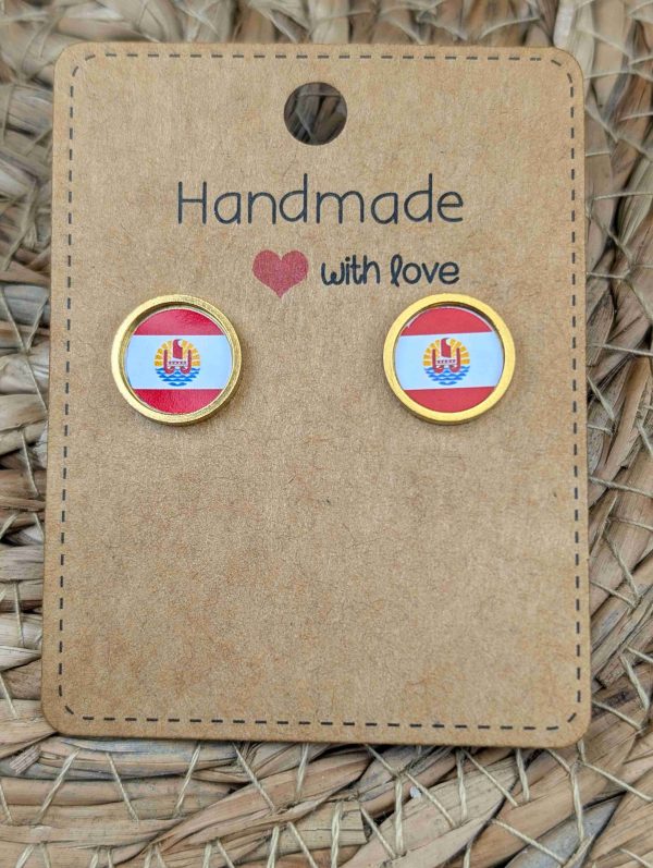 French Polynesia Flag Stud Earrings - Handmade – Gold or Silver Colour - 12mm resin Gold Colour