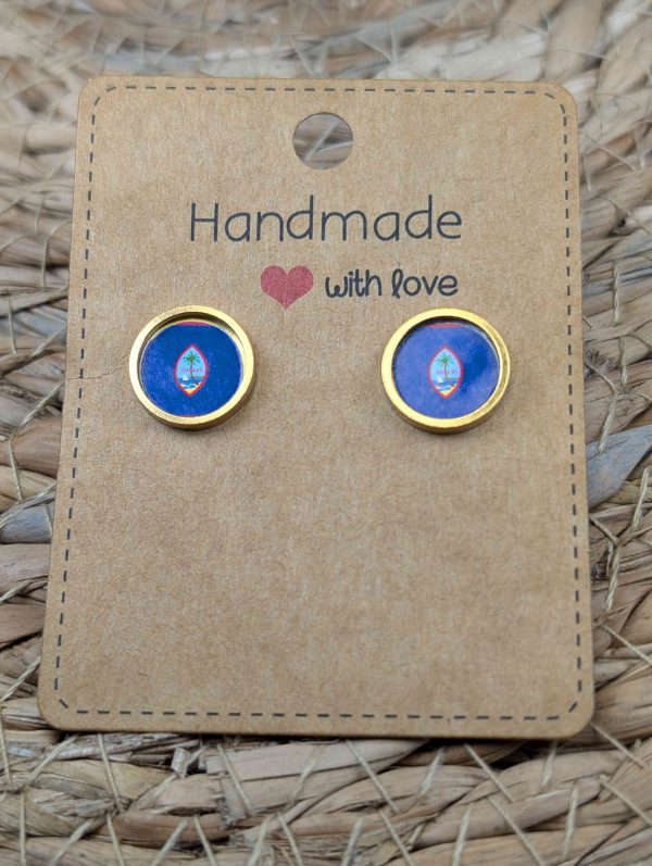 Guam Flag Stud Earrings - Handmade – Gold or Silver Colour - 12mm resin Gold Colour