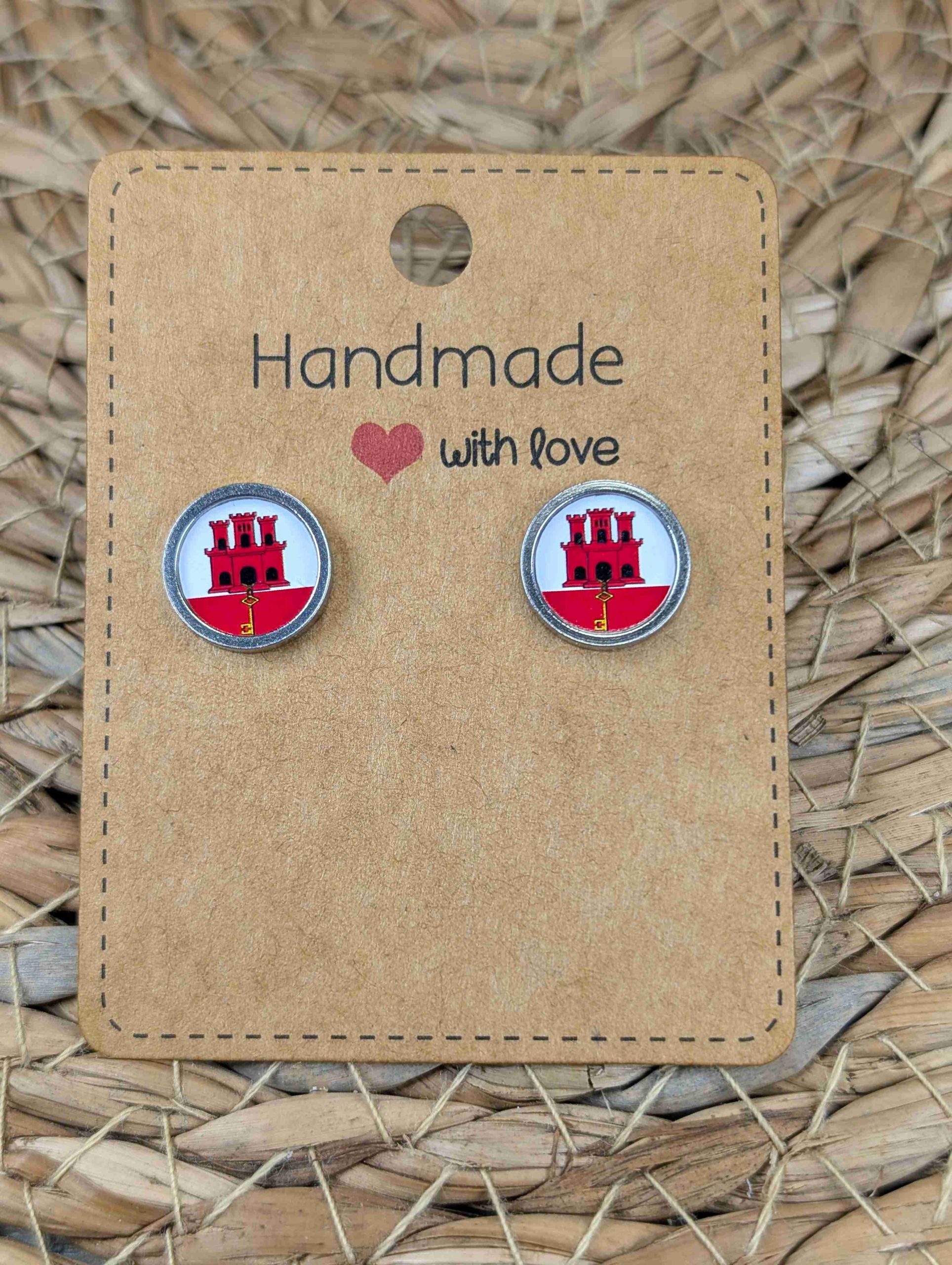 Gibraltar Flag Stud Earrings - Handmade – Gold or Silver Colour - 12mm resin Silver Colour