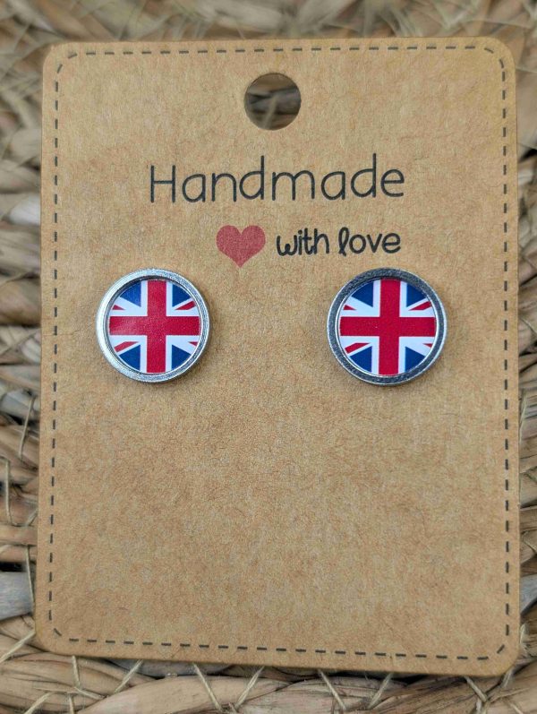 Great Britain Flag Stud Earrings - Handmade – Gold or Silver Colour - 12mm resin Silver Colour