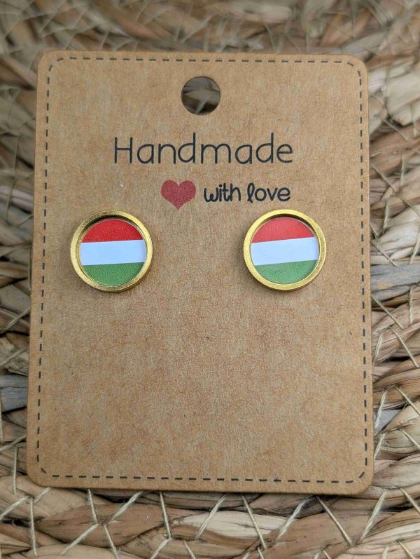 Hungary Flag Stud Earrings - Handmade – Gold or Silver Colour - 12mm resin Gold Colour
