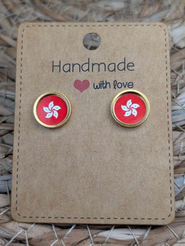 Hong Kong Flag Stud Earrings - Handmade – Gold or Silver Colour - 12mm resin Gold colour