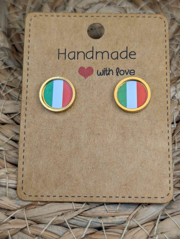 Italy Flag Stud Earrings - Handmade – Gold or Silver Colour - 12mm resin Gold Colour