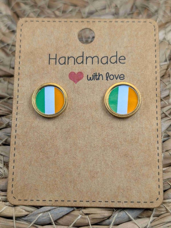 Ireland Flag Stud Earrings - Handmade – Gold or Silver Colour - 12mm resin Gold Colour