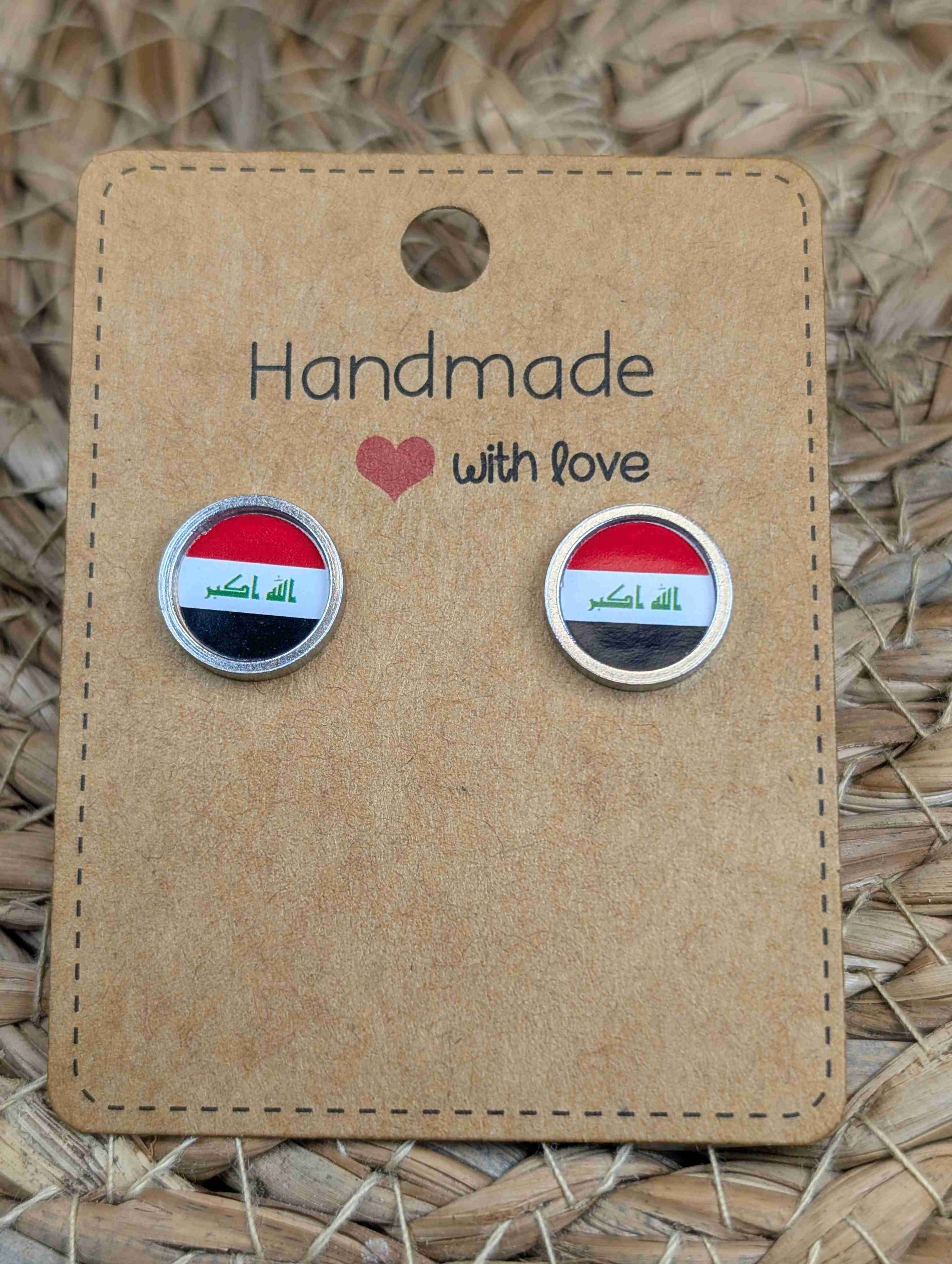 Iraq Flag Stud Earrings - Handmade – Gold or Silver Colour - 12mm resin Silver colour