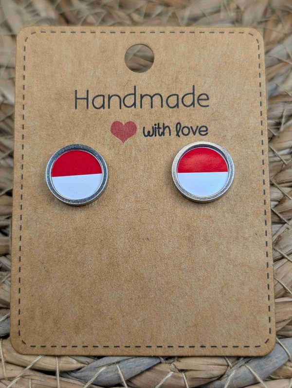 Indonesia Flag Stud Earrings - Handmade – Gold or Silver Colour - 12mm resin Silver Colour
