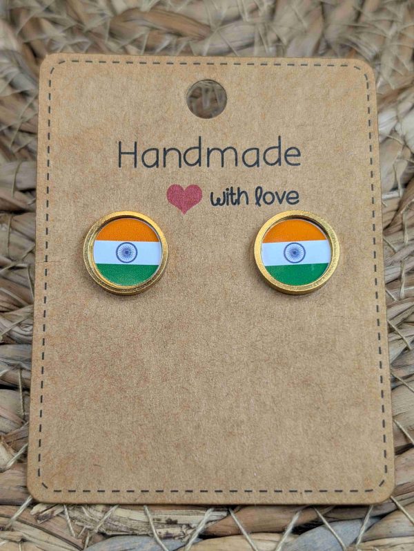India Flag Stud Earrings - Handmade – Gold or Silver Colour - 12mm resin Gold colour