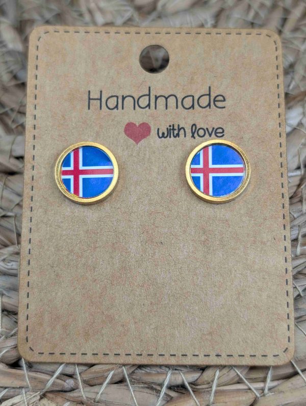 Iceland Flag Stud Earrings - Handmade – Gold or Silver Colour - 12mm resin Gold Colour