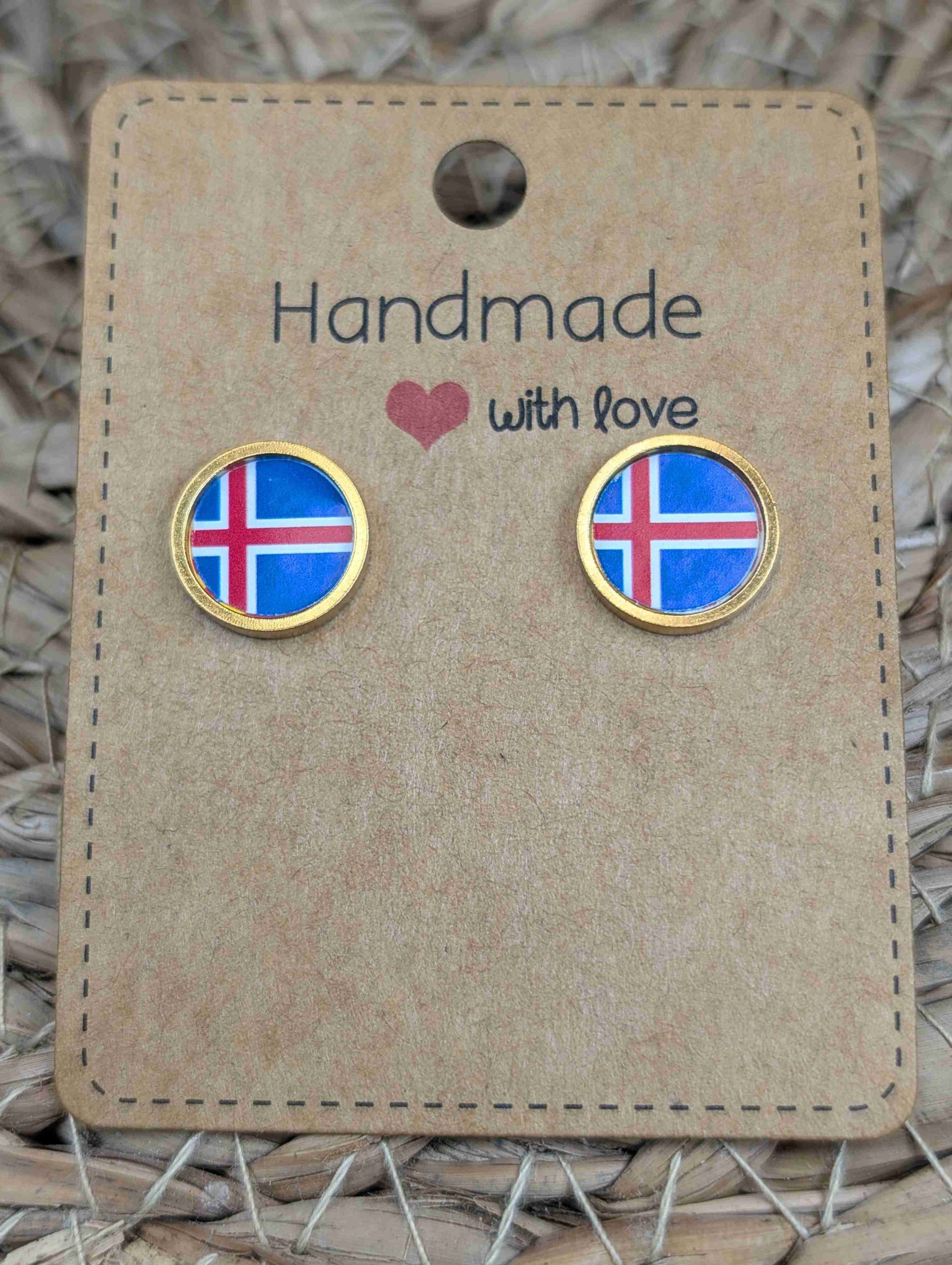 Iceland Flag Stud Earrings - Handmade – Gold or Silver Colour - 12mm resin Gold Colour