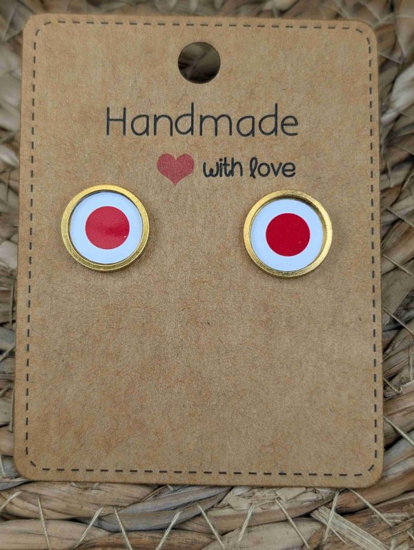 Japan Flag Stud Earrings - Handmade – Gold or Silver Colour - 12mm resin Gold Colour