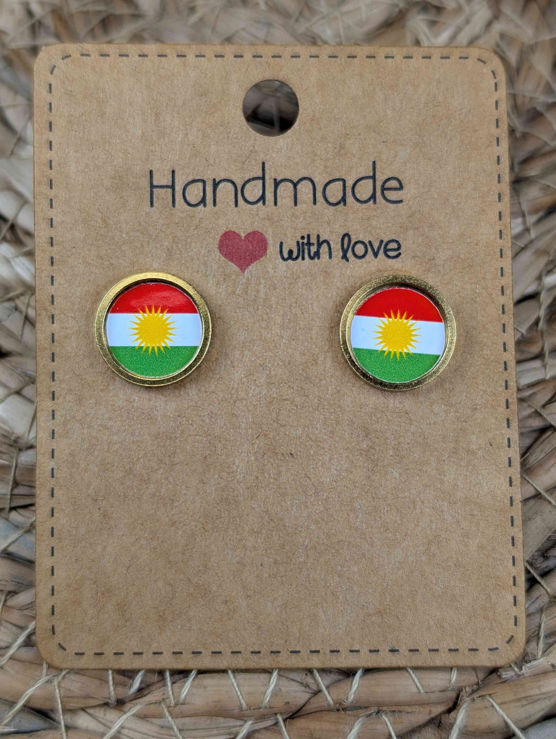Kurdistan Flag Stud Earrings - Handmade – Gold or Silver Colour - 12mm resin Gold Colour